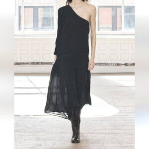 ZARA Black Chiffon One Shoulder Pleated Gathered Midi Maxi Dress Small